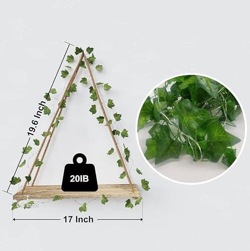 RICHER HOUSE Artificial Ivy LED-Strip Wall Hanging Shelves Set of 2, Macrame Shelf for Bedroom Living Room Kitchen, Wood Hanging Plant Shelves for Wall Décor, Thanksgiving & Christmas Decorations thumbnail 2