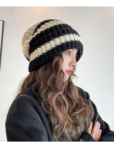 TYHOTULY Women Striped Color Block Beanies Y2k Grunge Emo Vintage Knit Fall Winter Slouchy Skull Cap Outdoor Winter Warm Hat thumbnail 5