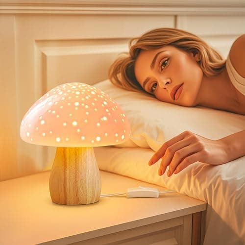 BOHON Mushroom Lamp, Ceramic Bedside Table Lamp for Bedroom Nightstand, Vintage Cute Night Light, Small Lamp for Living Room Kids Desk Home Decor Girls, LED Bulb Included, Pink thumbnail 4
