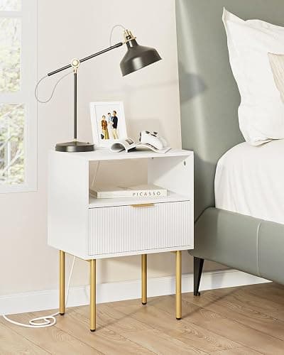 Aienvey Nightstand with Charging Station, Small Side Table, Modern Night Stand with Drawers, Bedside Table for Bedroom, Living Room End Table, White Stripe thumbnail 3
