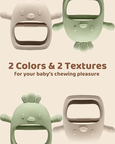 2 Packs Baby Teething Toy for 0-6 6-12 Months, Food Grade Silicone Teething Mitten, Anti Dropping Wrist Hand Teethers Baby Chew Toys for Sucking Needs, BPA Free (Green & Caramel) thumbnail 7