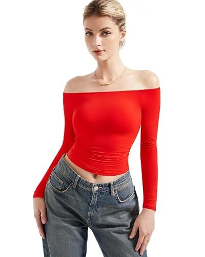 SUUKSESS Women Off Shoulder Double Lined Long Sleeve Shirts Basic Going Out Tops thumbnail 2