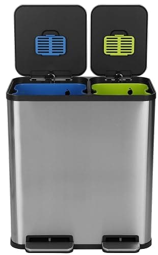 Simpli-Magic 18.5 Gallon (40L x 30L) Dual Compartment Step Trash Can – Kitchen Garbage Can with Waste & Recycling Bins – Slow-Close Lid, Odor Control, Hands-Free, Stainless Steel - Image 1