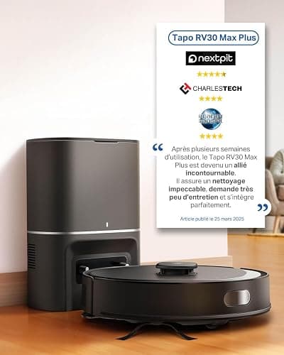 Tapo Aspirateur Robot Laveur 4 en 1 RV30Max Plus Vidage Automatique, Silencieux et Fin, Ultra puissante de 5300Pa, Navigation LiDAR, Auto-Charge Autonomie 150min, Tapis et Poils d'animaux thumbnail 2