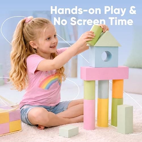 34 Large Foam Blocks for Toddlers - Pastel Stacking Soft Blocks for Kids | 34 jumbo soft EVA foam blocks in pastel colors - stack, build and float in the bath. Storage bag included. Non-toxic, ages 3+ thumbnail 7