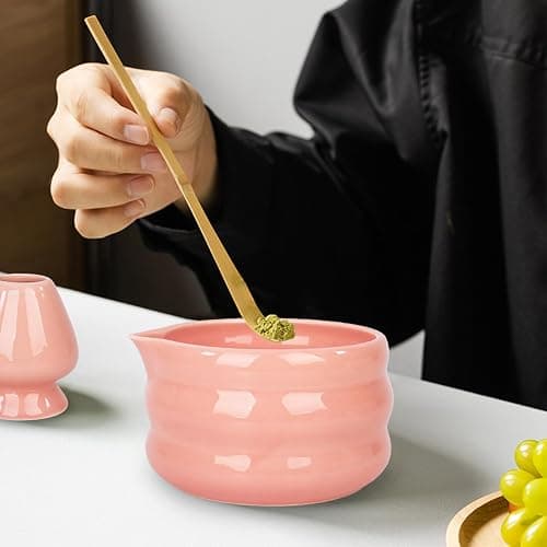 Set of 5 Matcha Tea Set with Whisk and Bowl, Matcha Kit for Ceremony Ceramic Matcha Bowl Gift for Tea Lovers(Pink) thumbnail 2
