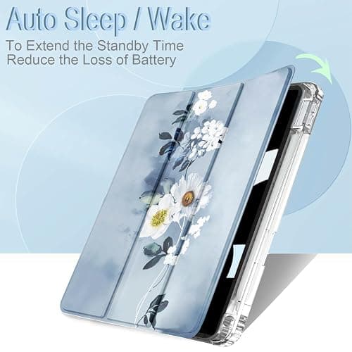 Feams Slim Case for iPad Air 11-inch M3 2025 / M2 2024, iPad Air 5th Generation 2022 / iPad Air 4th Generation 2020 10.9 Inch Case Clear Back with Pencil Holder & Auto Sleep, Blue Floral thumbnail 4
