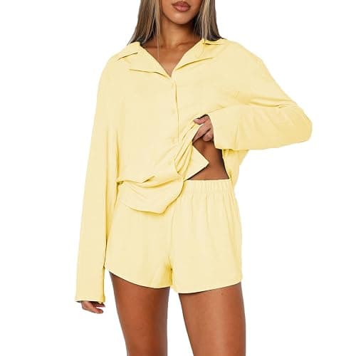 RUEWEY Women 2 Piece Pajamas Set Button up Long Sleeves Shirt and Elastic Shorts Set Loungewear Soft Sleepwear - Image 1