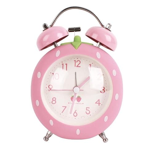 Danse Jupe 4 inches Twin Bell Alarm Clock Strawberry,Backlight,Battery Operated,Non Ticking,Analog Loud Alarm Clock for Bedroom,Bedside,Desk,Pink, One Size - Image 1