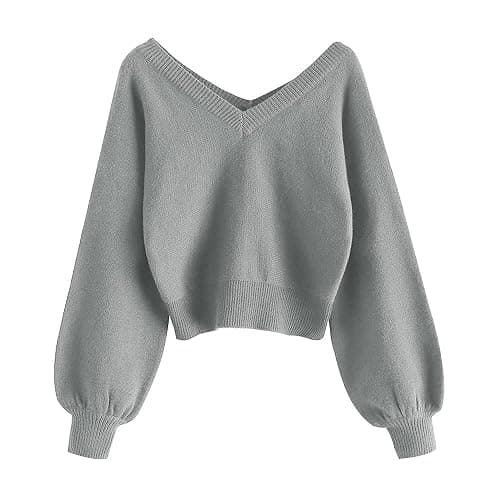 ZAFUL Women's Cropped Sweater V-Neck Long Sleeve Crop Sweater Pullover Jumper Knit Top - 1-gray - Medium thumbnail 2