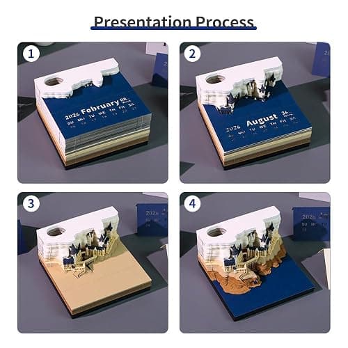 Time Piece Calendar 2026, 3d Desk Calendar 2026, Magic Castle with Weekly & LED Lights, 3D Calendar Paper Carving Art Memo Pad Notepad, Gift for Christmas Housewarming Desktop Decoration thumbnail 3