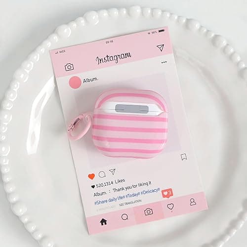Fycyko Compatible for AirPods 4 Case Soft TPU with Cleaner Kit Cute Horizontal Stripes Aesthetic Printed Design Shockproof Keychain Cover for Girls Woman-Pink thumbnail 6