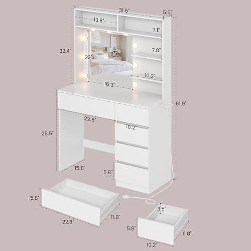 Draelibor Vanity Desk with Mirror, LED Lights and Power Outlet, Makeup Vanity Table with 5 Drawers, 3 Color Modes & Adjustable Brightness, Dressing Table for Bedroom, White thumbnail 6