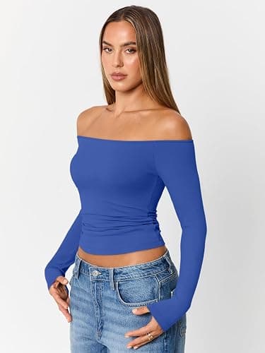 Trendy Queen Womens Long Sleeve Off The Shoulder Tops Going Out Cute Basic Y2K Fall Fashion 2025 Outfits Clothes thumbnail 4