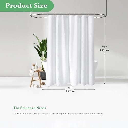 Dynamene Waffle Shower Curtain 256 GSM Heavy Duty Fabric 72"x72" White | Thick Textured Cloth, Weighted Hem, Water Repellent Washable, Hotel Luxury Polyester Shower Curtain Set for Bathroom 12 Hooks thumbnail 3