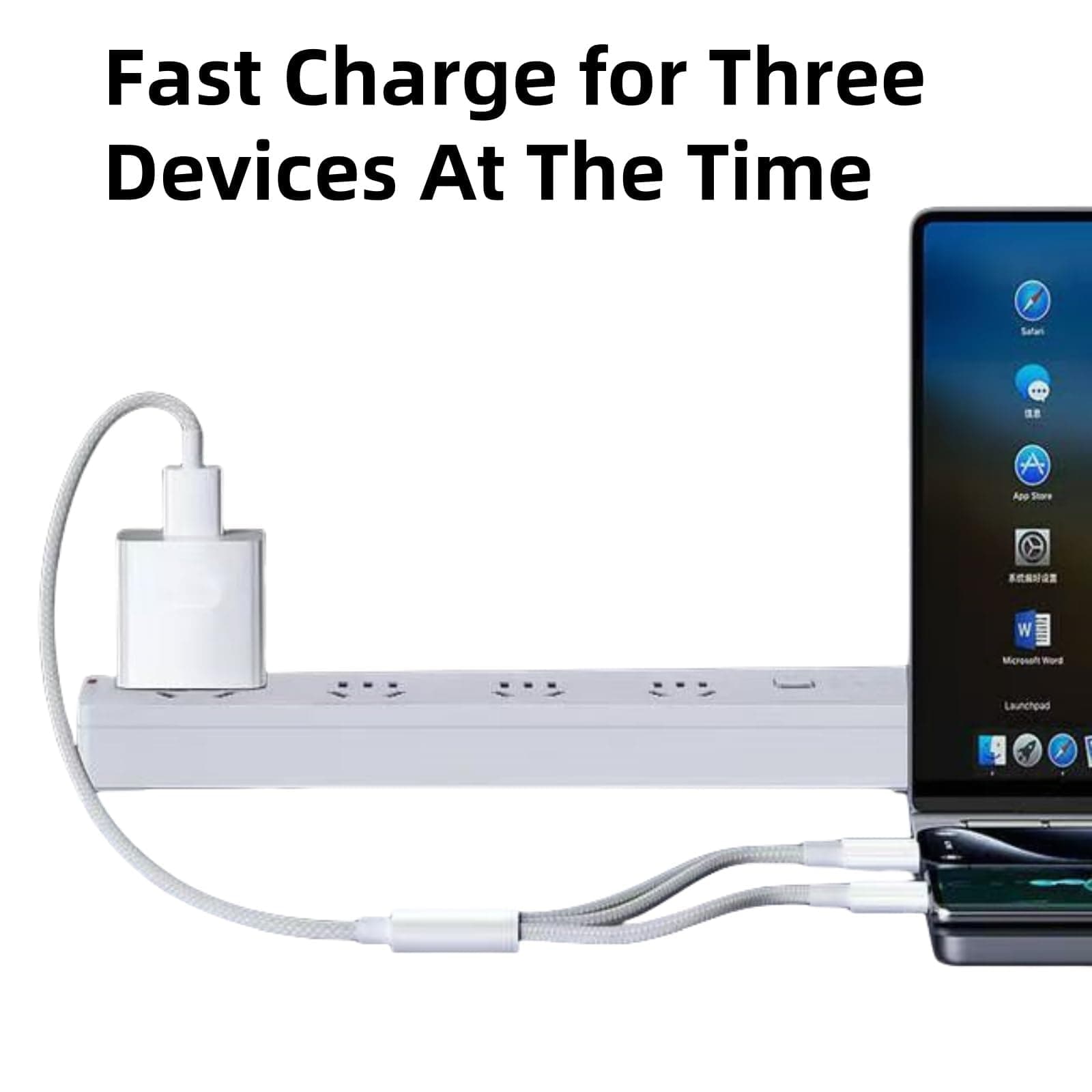 Multi USB A Car Charging Cable - 1M Braided 3 in 1 Fast Cord，66W USB A to USB C,IP Port and Android Port Compatible with Most Cell Phones,iPad Pro,Air5,MacBook and More - White thumbnail 6