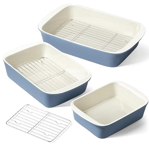 LE TAUCI Deep Casserole Dishes for Oven, 13.7”x9.6” Ceramic Baking Dish Set with Roasting Racks, Large Lasagna Pans with Handles, Rectangular Bakeware as Gift for Mom, Dusty Blue (4.6QT/3.0QT/1.6QT), Set of 3 - Image 1