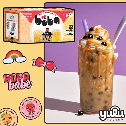 Boba Bundle Kit 10 Serv. Instant Bubble Pearl Variety Milk Tea Kit with Authentic Brown Sugar Tapioca Pearls by Yulu Foods - Ready in Under 1 Minute, Includes Paper Straws - Gift Box, Holiday (Classic, Mango Peach, Passionfruit) thumbnail 6