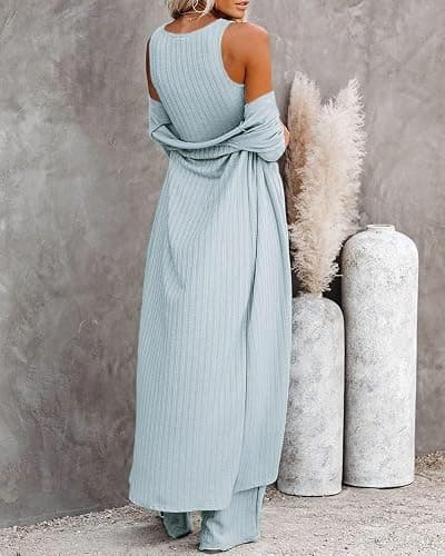 Fessceruna Womens 3 Piece Lounge Sets Pajamas Knit Long Sleeve Cardigan Crop Top Wide Leg Pants Loungewear Set thumbnail 3