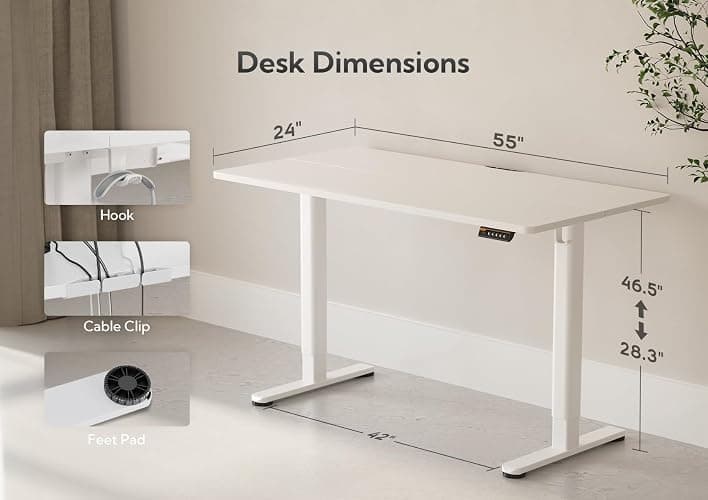 Claiks Electric Standing Desk, Adjustable Height Stand up Desk, 55x24 Inches Sit Stand Home Office Desk with Splice Board, White Frame/White Top thumbnail 3