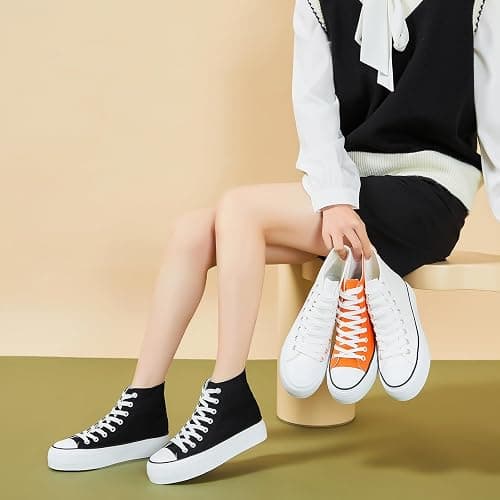 POVOGER Platform Sneakers for Women Fashion High Top Canvas Shoes White Womens Platform Shoes Casual Lace Up Mid Top Shoes thumbnail 7