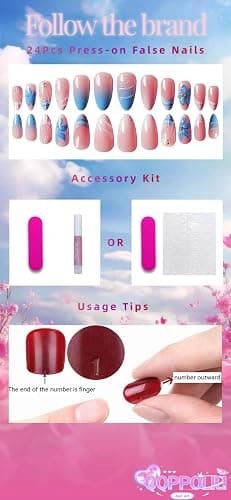 QQPPOLIU Blue Press on Nails Medium Almond Stick on Nails Pink with 3d French Tips Design for Women and Girls 24pcs thumbnail 5