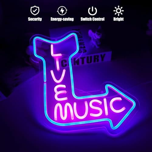 Live Music Neon Sign Pink Blue Letter LED Light for Bar Music Room Decor | Dimmable Music Neon Wall Sign, Words Neon Lights for Bedroom, Acrylic LED Sign, USB Powered, Music Studio Party Club Decor thumbnail 4