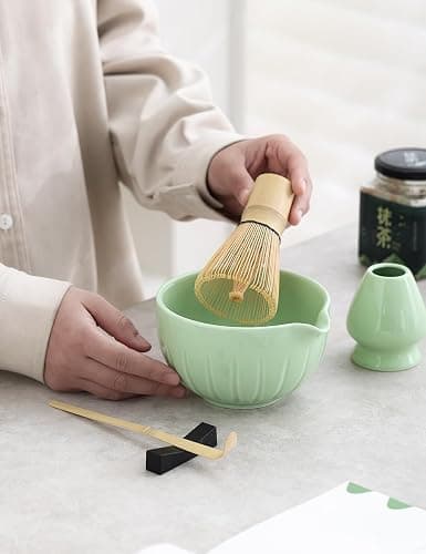 TANG PIN Matcha Set - Match Bowl with Spout and Whisk, 15 OZ, Matcha Scoop | Matcha Whisk Stand (Chasen Holder) - 4pc Perfect Matcha Kit for Matcha Tea Ceremony (Green) - Green thumbnail 3