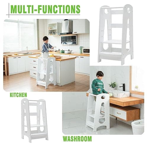 KATARUS Kitchen Step Stool for Kids and Toddlers with Safety Rail Children Standing Tower for Kitchen Counter, 3 Heights Adjustable Solid Wood Step Up Learning Stool Mother's Helper, Solid Wood, White thumbnail 6