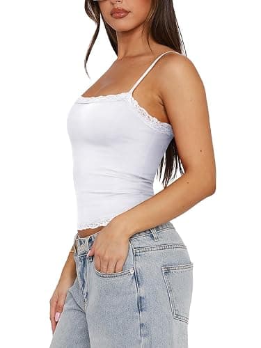 PINKMSTYLE Women's Sexy Square Neck Lace Cami Tank Tops Fitted Double Lined Sleeveless Crop Spaghetti Strap Summer Y2k Tops thumbnail 4