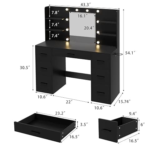 Furmax Vanity Desk with Mirror, LED Lights and Power Outlet Makeup Vanity Table with 7 Drawers and 6 Storage Shelves Dressing Table for Bedroom Dressing Room (Black) thumbnail 3