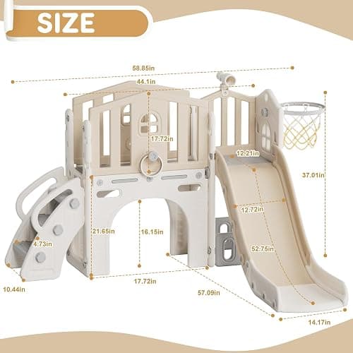 YUFU 8 in 1 Toddler Slide Set, Kids Slide for Toddlers Age 1-3, Toddler Playset with Climber, Basketball Hoop and Ball, Outdoor Indoor Playground for Toddlers 1-3 (Beige+Coffee) thumbnail 2