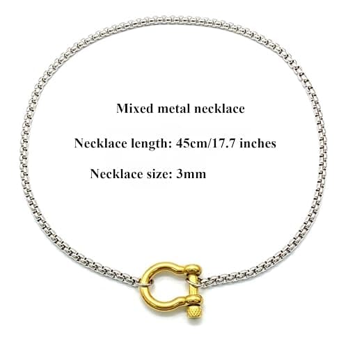SIXAOAZZ 18K Gold Plated Buckle Necklace with Heavy Screw Anchor Shackle Wheat Chain Two Tone Carabiner 17.7 Inch Stainless Steel Foxtail Chain thumbnail 5