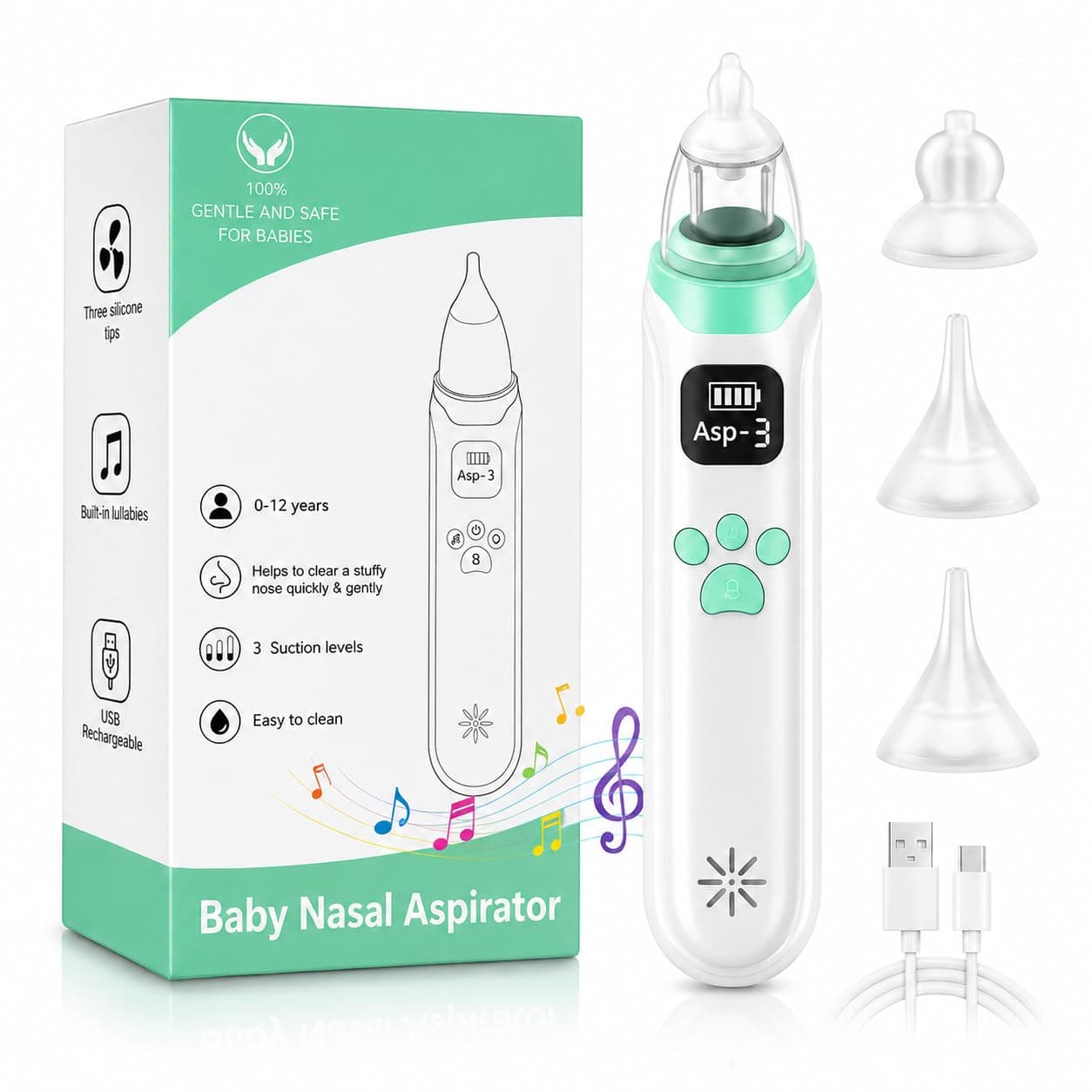 Baby Nasal Aspirator Electric, 3 Types Adjustable Gear, Includes 3 Soft Silicone Tips, Soothing Music & LED Lights, Ideal for Newborns Infants and Toddlers Up to 12 Years (Baby Nasal Aspirator) - Image 1