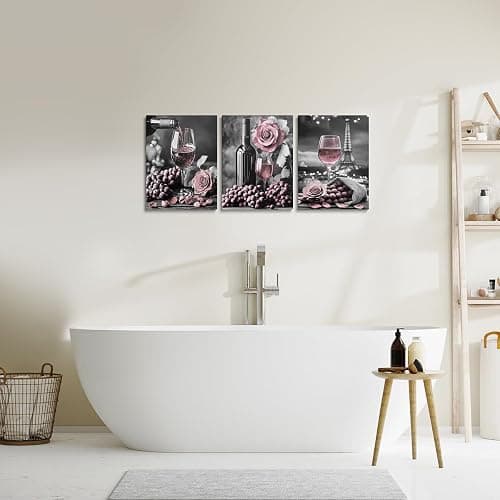 Wine Glasses Canvas Wall Art,Pink Rose Paintings Wall Decor Living Room Wine Pictures Wall Decor Artwork for Walls,Romantic Flowers Paris Eiffel Tower Hang Pictures Home Decor,Black White and Grey - Pink Black White Grey thumbnail 5