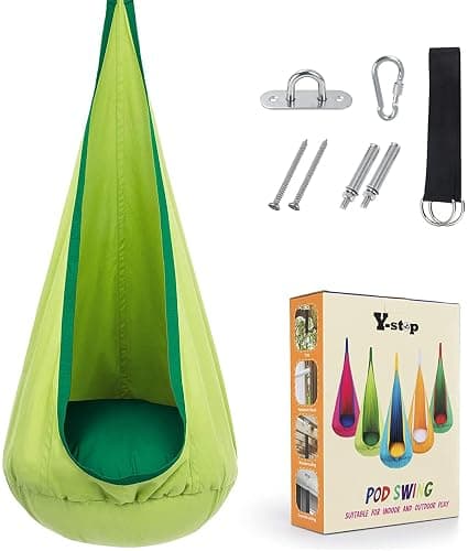 Y- STOP Kids Pod Swing Chair, Hanging Hammock Chair with Inflatable Pillow, Sensory Pocket for Outdoor and Indoor, Max 176Lbs(Green) thumbnail 6