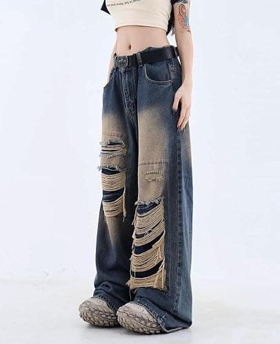 Lafaguw Baggy Jeans for Women Men Ripped Straight Leg High Waisted Pants | Baggy Jeans Y2k,Ripped Jean,High Rise,Distressed Pants,Gothic Pants,Classic 4 Pockets,Grunge Clothes,Summer Outfits thumbnail 2