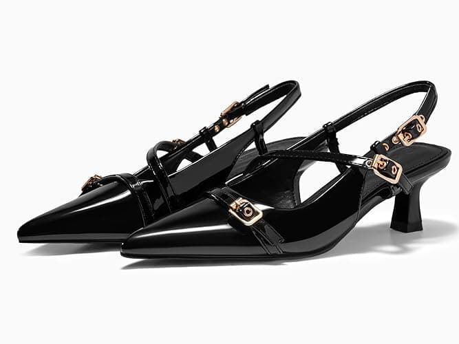 Coutgo Womens Slingback Kitten Heels Low Heel Closed Pointed Toe Pumps Buckle Strap Heeled Sandals Shoes thumbnail 5
