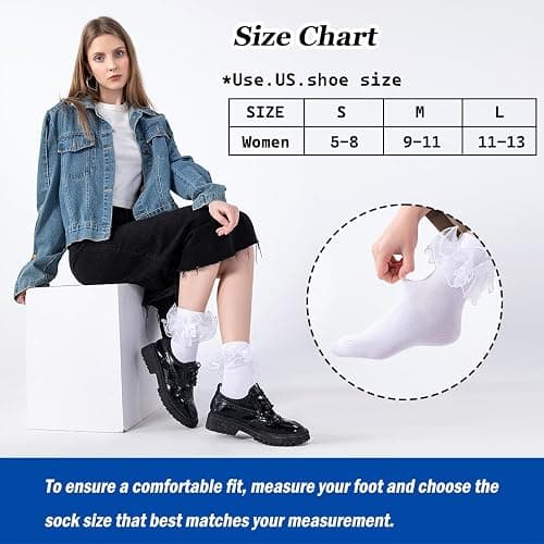 Dicry Women's Big Ruffle Socks with Bows Double Lace Turn Cuff (Size 9-11, 3 Pairs) thumbnail 2