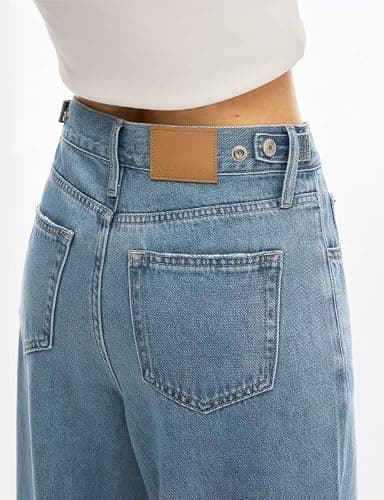 Women's Adjustable Wasit Baggy Jeans with Snap-Button Waistband Wide Straight Leg High Rise Jeans Denim Pants Y2K Trousers thumbnail 2