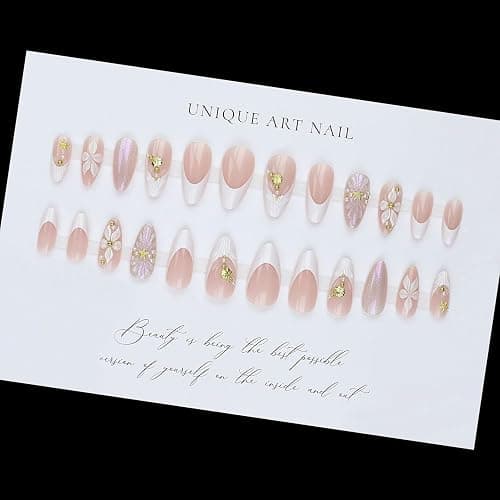 Spring Summer Press On Nails Medium Almond Fake Nails French False Nails With Flower Starfish Designs Acrylic Nail Press Ons Glossy Stick On Nails Full Cover Glue On Nail For Women 24Pcs thumbnail 4