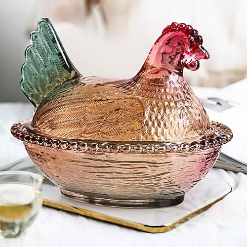 Gkesgm Crystal Glass Chicken-Shaped Candy Dish,Vintage Style Candy Bowl with Lid,Tabletop Dessert Plate Snack Bowl (Glazed) thumbnail 8