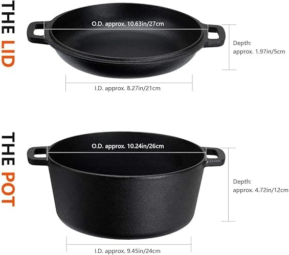 Overmont Gusseisen Topf Dutch Oven einsatzfertig eingebrannt Doppelfunktion Deckel/Bratpfanne für Küche Camping Garten BBQ Backen Gasgrill thumbnail 4