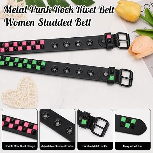 SNCEAW Studded Belt, Metal Punk Rock Rivet Y2K Leather Belt with Bright Pyramid Studded for Women Men thumbnail 6