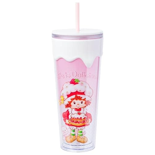 Silver Buffalo Strawberry Shortcake “Life is Delicious” Plastic Drip Tumbler with Lid and Straw, 26 Ounces - Image 1