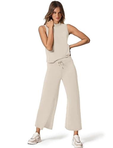 SAMPEEL Two Piece Sets for Women Summer Outfits Lounge Sets Mock Neck Tops Wide Leg Crop Pants Vacation Travel Outfits thumbnail 2