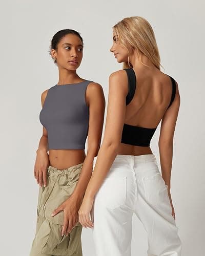 QINSEN Women's Sexy Open Back Sleeveless Crop Tank High Neck Slim Fit Cropped Tee Shirt Y2k Tops thumbnail 7