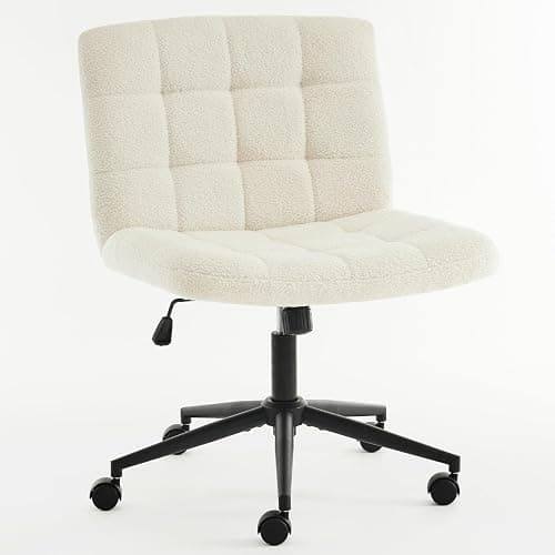 Furnimart Swivel Criss Cross Legged Chair with Wheels for Home Office, Wide Armless Desk Chair Height Adjustable Comfy Seat for Desk,Vanity, Bedroom, Faux Fur White thumbnail 9