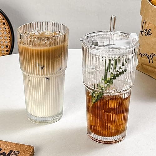 TUZAZO 20 Oz Glass Tumblers with Lids and Straws - 2 Pack Ribbed Glass Iced Coffee Cup with Straw and Lid, Thicken Glasses, Ideal for Smoothieds, Cocktails, and Juices thumbnail 6