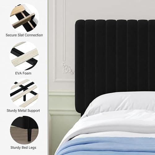 Lullabyre Twin Bed Frame Velvet Upholstered Platform Bed with Adjustable Vertical Channel Tufted Headboard and Footboard, No Box Spring Required, Easy Assembly, Black thumbnail 6